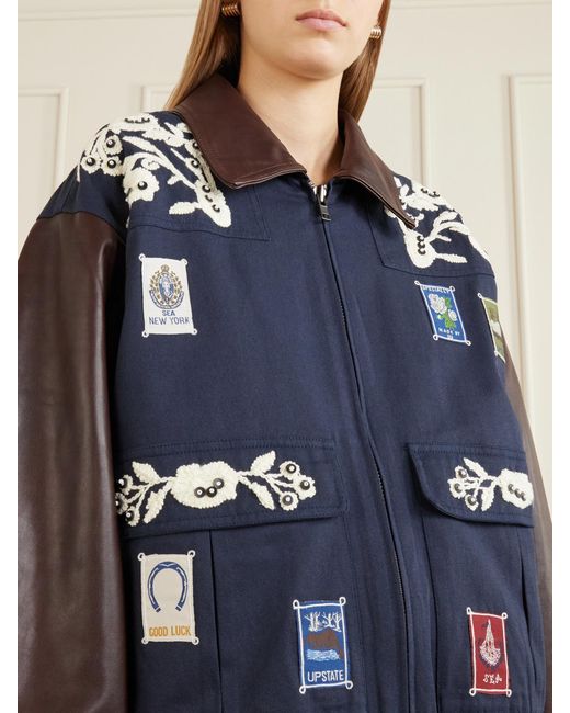 Sea Blue Georgie Embroidered Cotton-Canvas And Leather Jacket