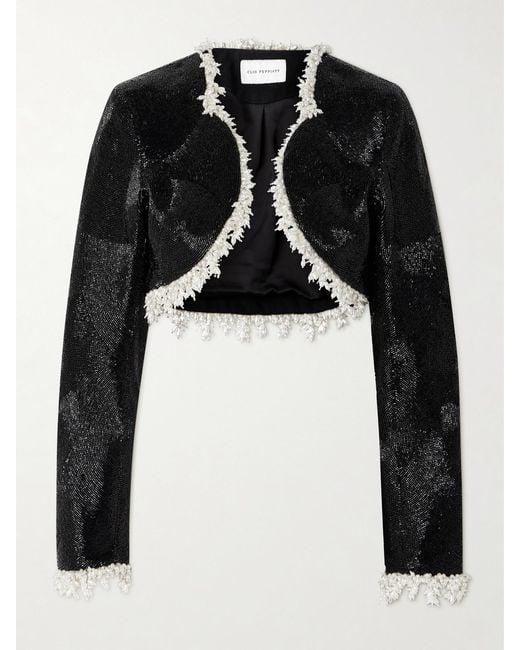 Clio Peppiatt Black Margot Cropped Embellished Satin Jacket