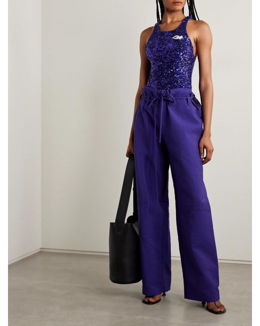 Tory Burch Blue Embellished Stretch-Jersey Bodysuit