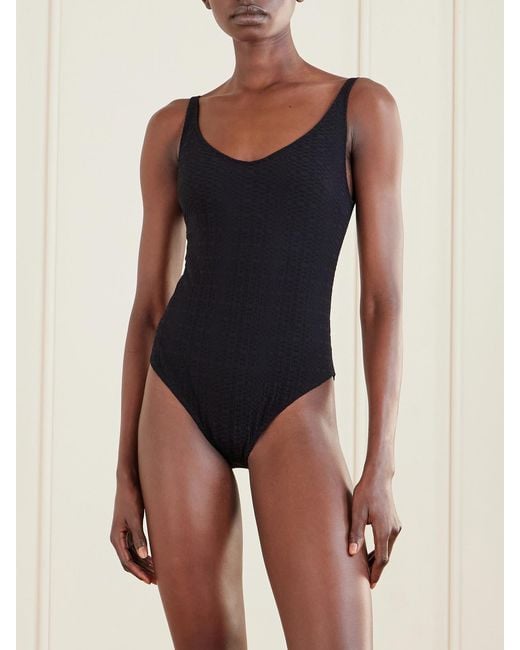 Lisa Marie Fernandez Black Marilyn Stretch-Seersucker Swimsuit