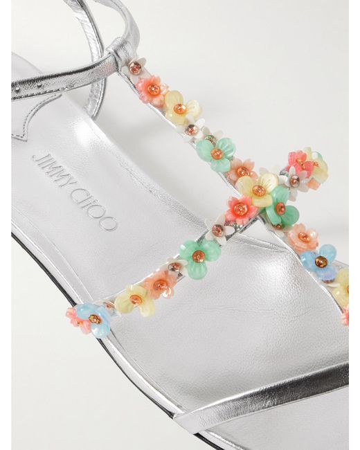 Jimmy Choo White Gwyn Bead-Embellished Metallic Leather Sandals