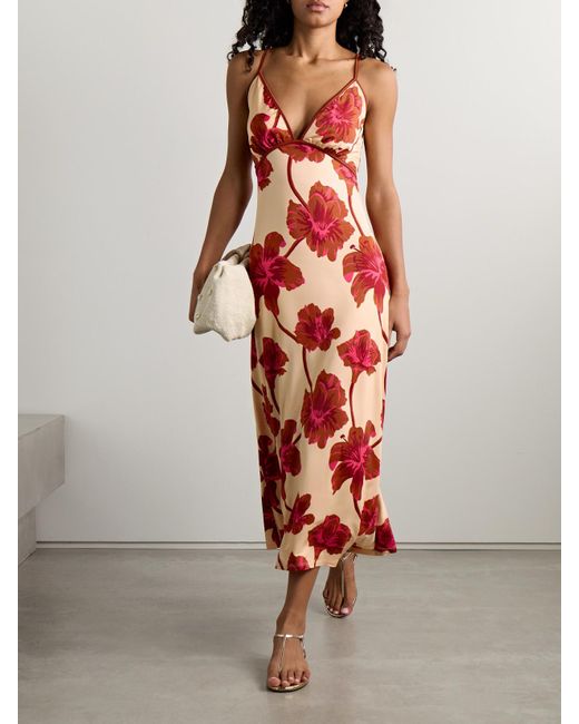 Johanna Ortiz Red Sendero De Astromelias Floral-Print Satin Maxi Dress