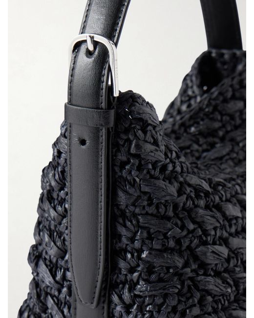 Totême  Black Belted Small Leather-Trimmed Raffia Shoulder Bag