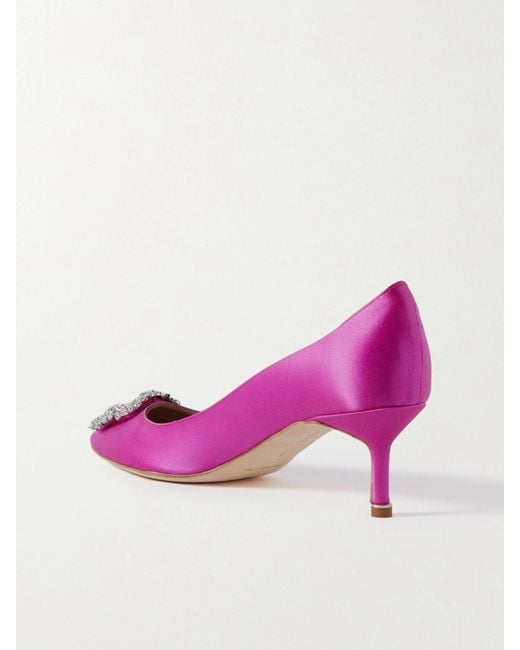 Manolo Blahnik Pink Hangisi 50 Crystal-Embellished Satin Pumps