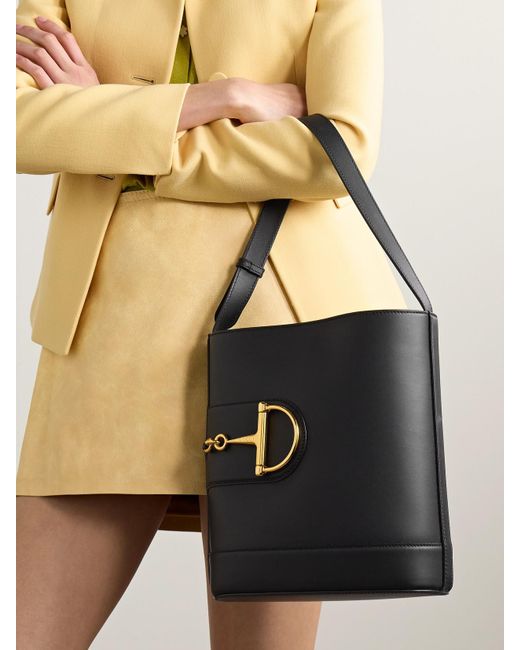 Gucci Black 73 Small Horsebit Embellished Leather Bucket Bag