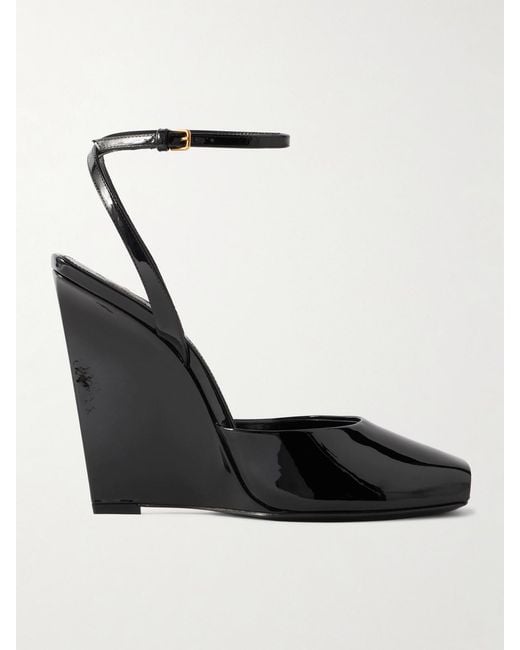 Saint Laurent Black La Scandale Patent-Leather Wedge Sandals