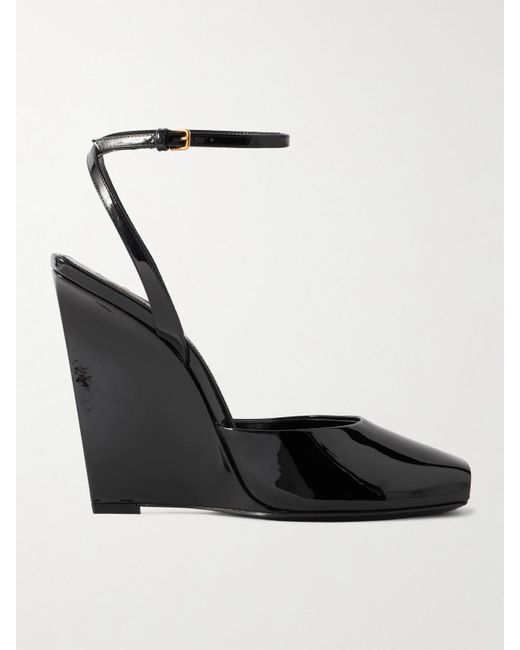 Saint Laurent Black La Scandale Patent-Leather Wedge Sandals