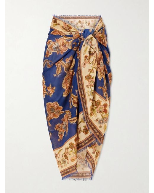 Zimmermann Blue Frayed Printed Cotton Pareo