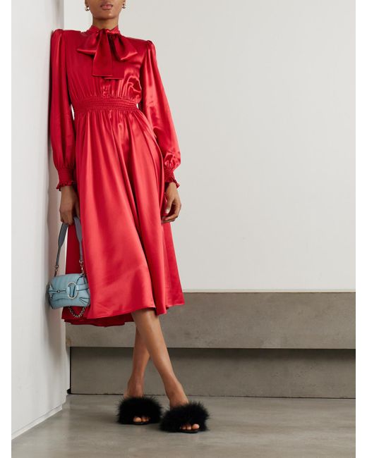Dolce & Gabbana Red Pussy-Bow Smocked Pleated Silk-Satin Midi Dress