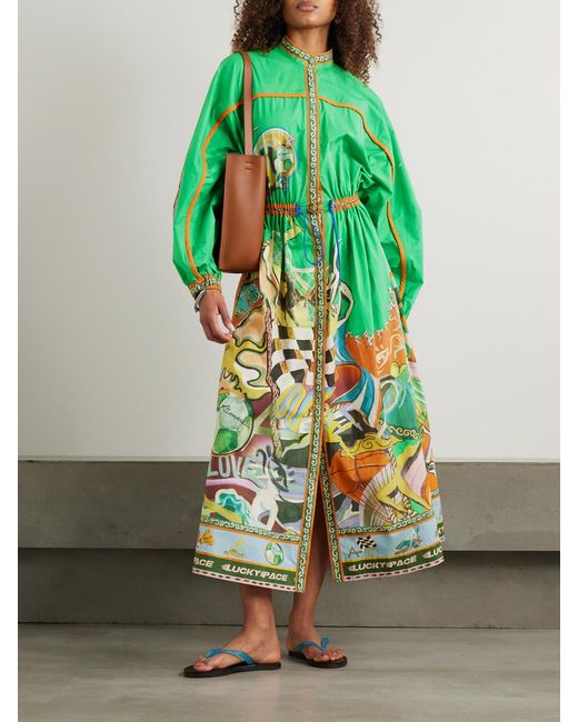ALÉMAIS Green Lucky Pace Printed Organic Cotton-Poplin Midi Shirt Dress