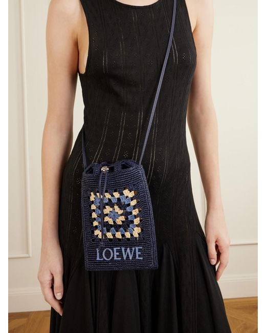 Loewe White Paula's Ibiza Logo-Embroidered Leather-Trimmed Crocheted Raffia Bucket Bag