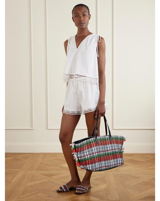 Staud Red Da Adolfo Christos Raffia Checked Fringed Tote
