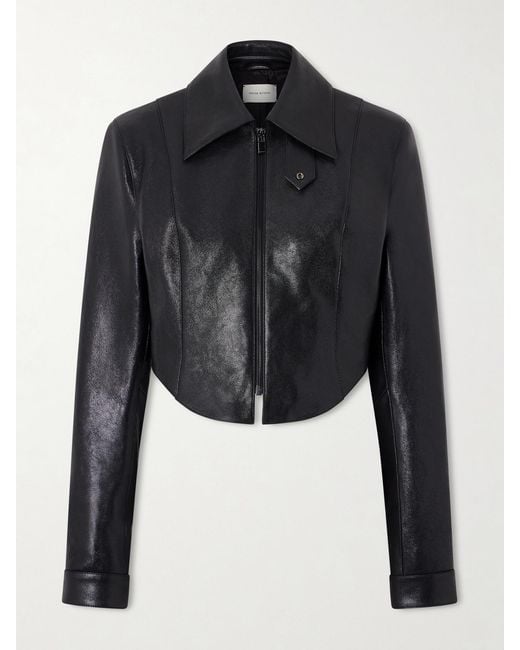Magda Butrym Black Cropped Paneled Glossed Textured-Leather Biker Jacket