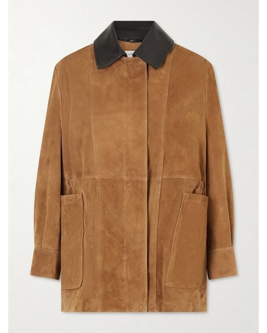 Nour Hammour Brown Grange Gathered Leather-Trimmed Suede Jacket