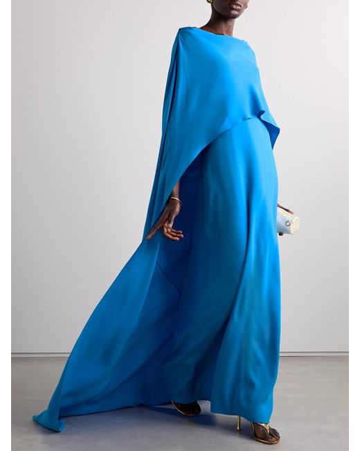 Robe Du Soir Effet Cape En Georgette De Soie Mélangée À Drapé Oscar de la Renta en coloris Blue