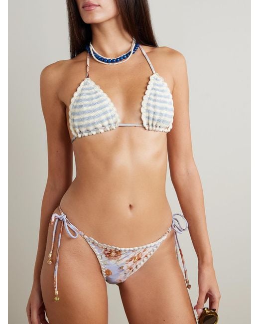 Zimmermann White Awaken Crochet-Trimmed Embellished Floral-Print Bikini Briefs