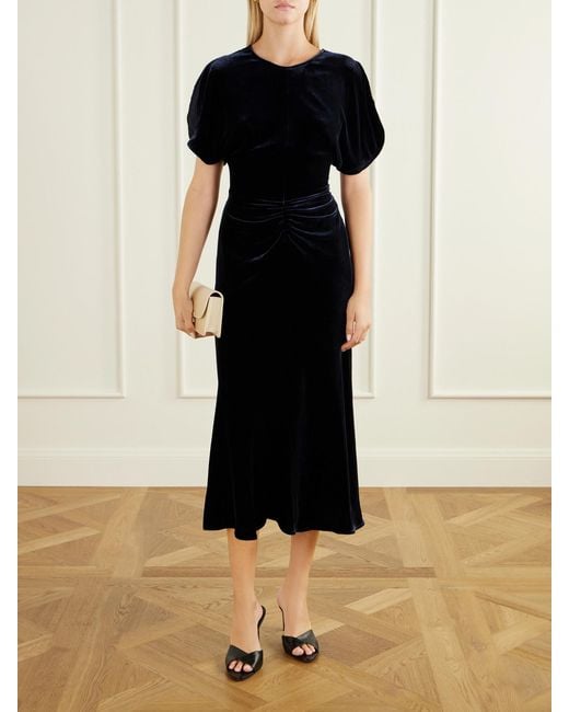 Victoria Beckham Black Bela Gathered Velvet Midi Dress