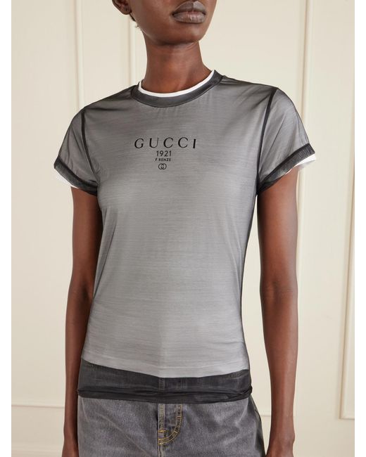 Gucci Gray Layered Printed Tulle And Cotton And Modal-Blend Jersey T-Shirt