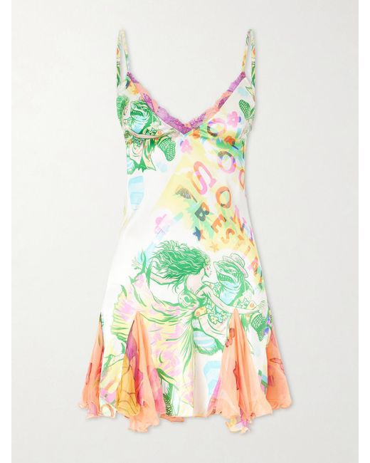 Donde Esteban Green Sonido Bestial Ruffled Lace-Trimmed Printed Silk-Blend Satin And Chiffon Mini Dress