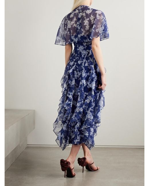 Carolina Herrera Blue Midikleid Aus Seidenkrepon Mit Blumenprint, Rüschen Und Cape-Effekt