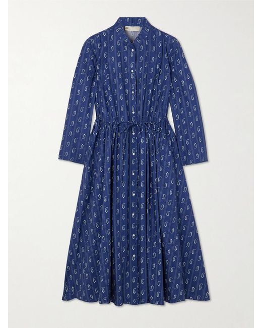 Tory Burch Blue Printed Cotton Midi Shirt Dress
