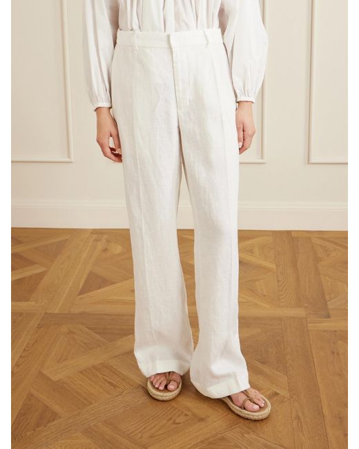 Polo Ralph Lauren White Pleated Linen Straight-Leg Pants