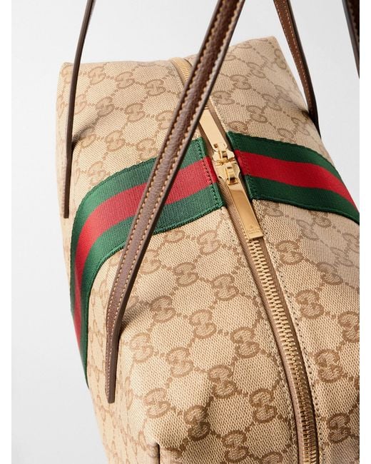 Gucci Natural Boston Leather-Trimmed Coated Canvas-Jacquard Shoulder Bag