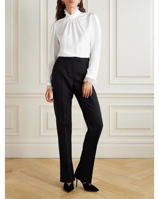 Alexander McQueen White Ruffled Lace-Trimmed Silk Crepe De Chine Blouse