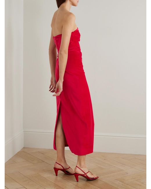 TOVE Red Sabella Strapless Ruched Cotton-Blend Velvet Midi Dress