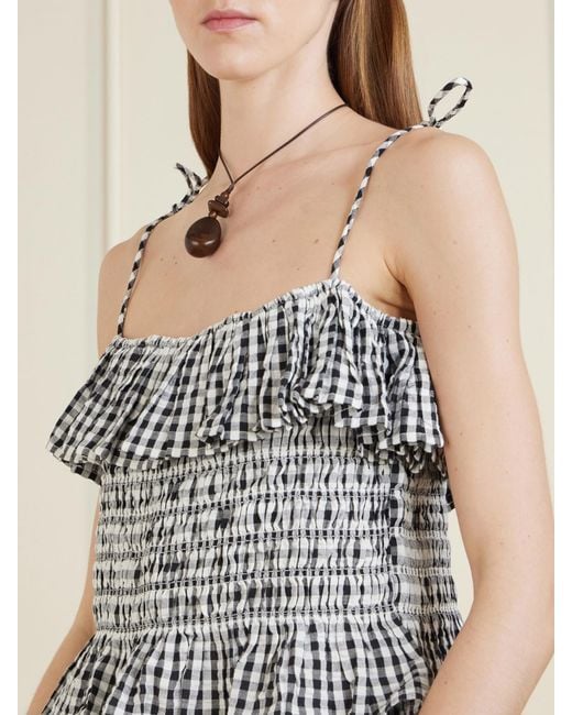 Alix Of Bohemia White Clara Ruffled Shirred Checked Cotton Top