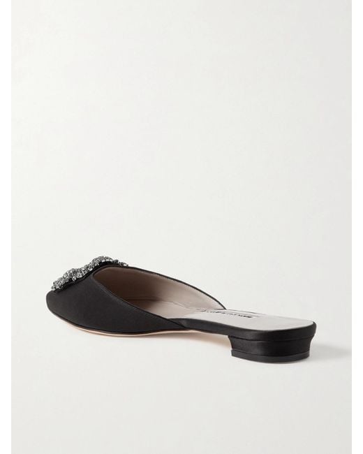 Manolo Blahnik White Hangisi Crystal-Embellished Satin Slippers