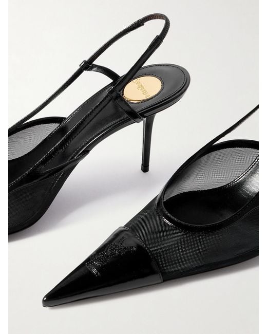 Saint Laurent White Renée Cassandre-Embroidered Patent Leather-Trimmed Mesh Slingback Pumps