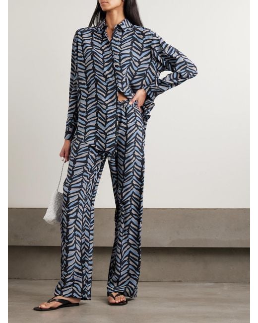 Matteau Blue Printed Silk Crepe De Chine Straight-Leg Pants