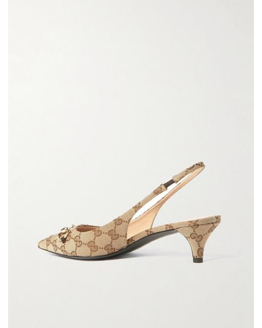 Gucci Natural Erin Horsebit-Embellished Canvas-Jacquard Slingback Pumps