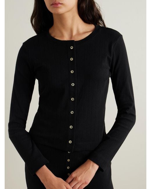 Leset Black Pointelle-Knit Cotton Cardigan