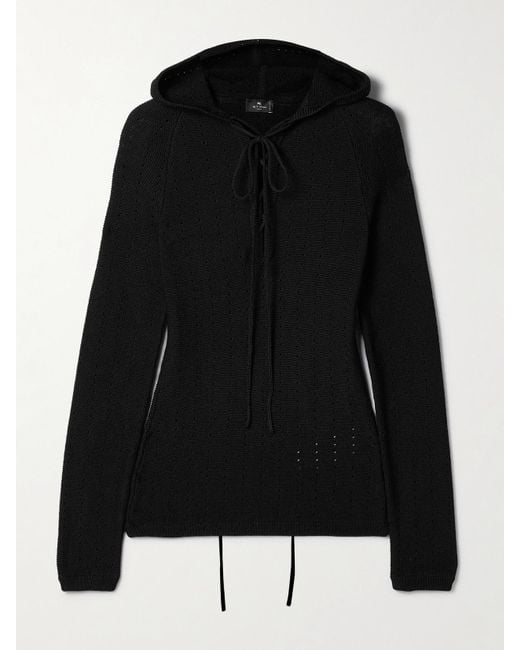 Etro Black Hooded Lace-Up Pointelle-Knit Silk-Blend Sweater