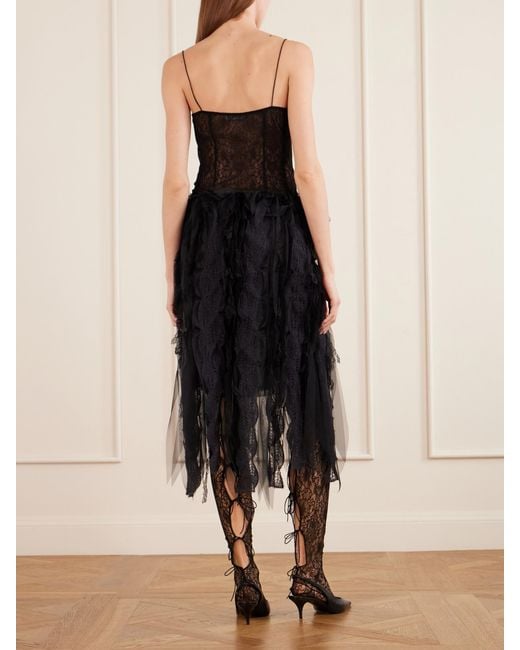 PAULINE DUJANCOURT Black Tulle-Trimmed Brushed-Knit Midi Skirt
