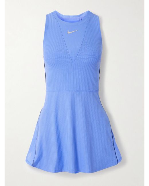 Nike Blue Court Slam Mesh-Trimmed Ribbed Dri-Fit Tennis Dress