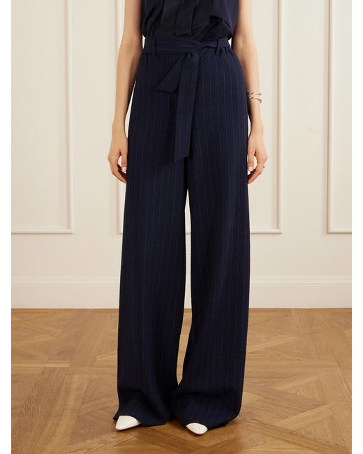 Max Mara Blue Striped Seersucker Virgin Wool-Blend Pants