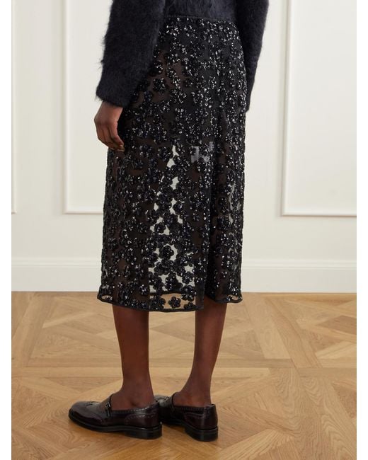 CECILIE BAHNSEN Black Bria Sequined-Embellished Mesh Midi Skirt