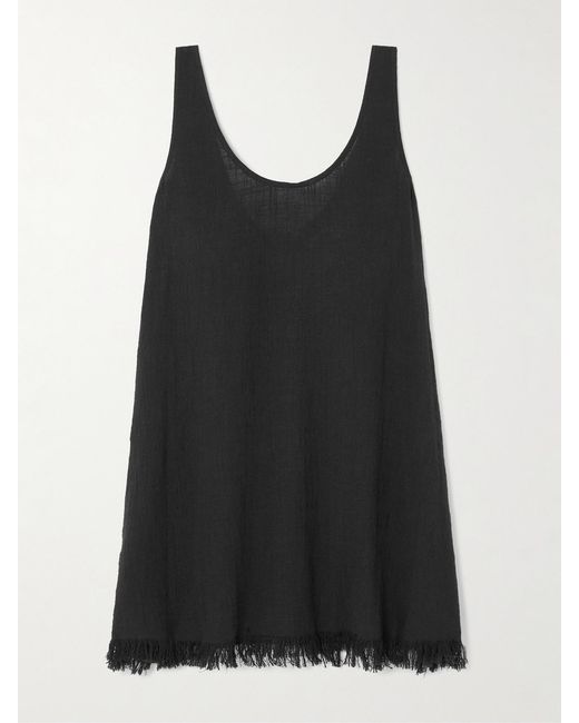 Staud Black Tillie Fringed Cotton-Gauze Mini Dress