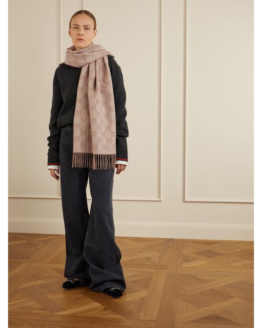 Gucci Natural Fringed Logo-Jacquard Metallic Cashmere-Blend Scarf
