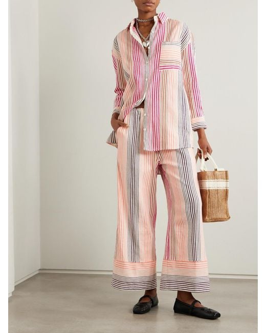 Lemlem Pink Desta Striped Cotton-Blend Wide-Leg Pants