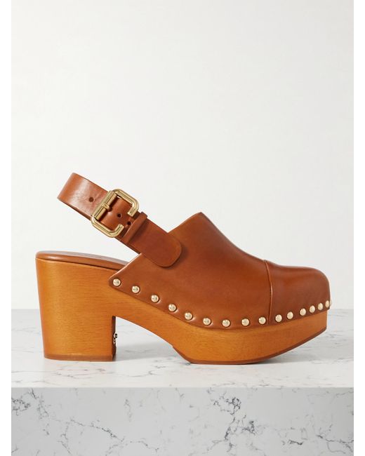 Chloé Brown Jeannette Studded Leather Slingback Platform Clogs
