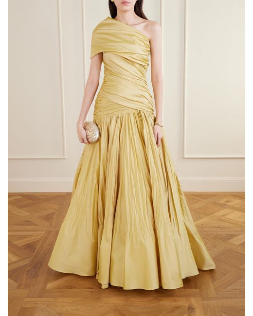Marmar Halim Metallic One-Shoulder Draped Gathered Taffeta Gown