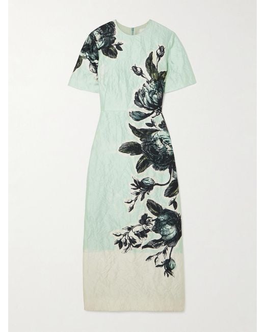 Erdem White Violetta Floral-Print Crinkled-Satin Midi Dress
