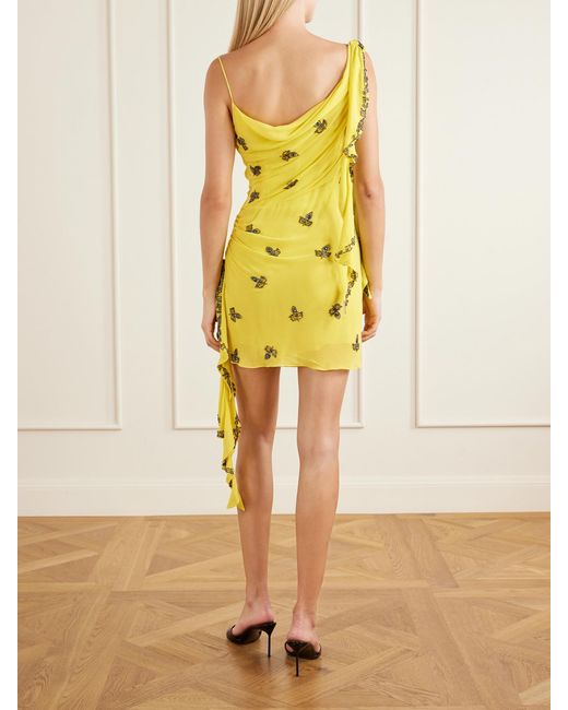 Clio Peppiatt Yellow Isola Asymmetric Gathered Embellished Chiffon Mini Dress