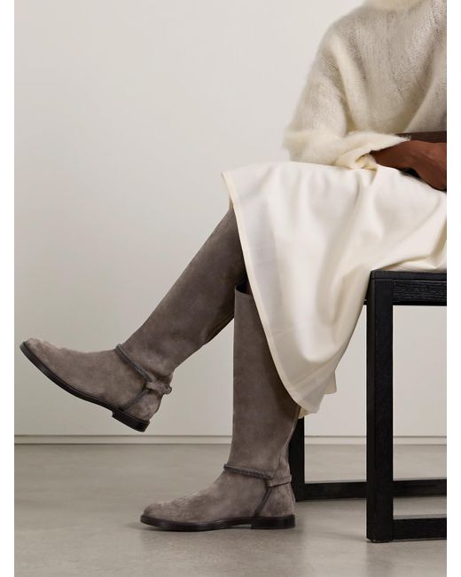 Brunello Cucinelli Brown Kniehohe Stiefel Aus Veloursleder Mit Schnallen Und Zierperlen