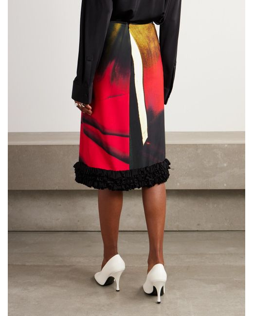 Jil Sander Red Ruffled Printed Satin Midi Skirt