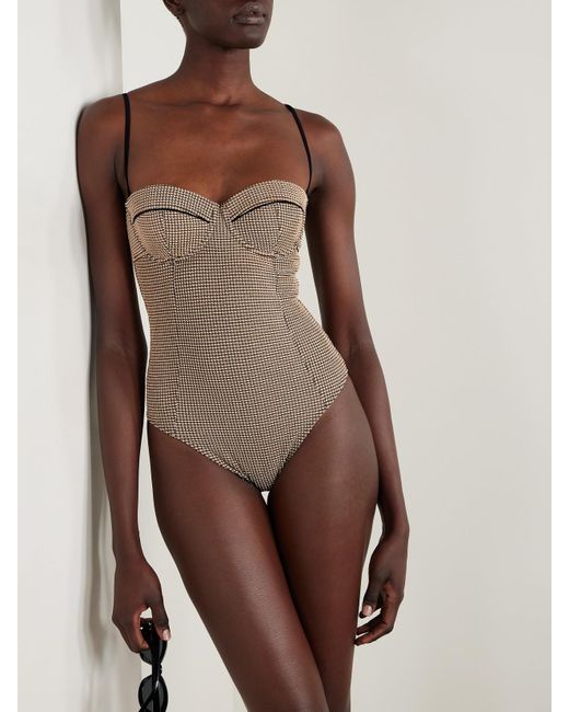 Staud Brown Maeve Checked Piqué Underwired Swimsuit